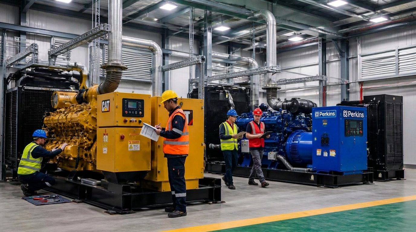 Technicians in hard hats and safety vests inspecting Caterpillar and Perkins diesel generator sets in a modern power facility