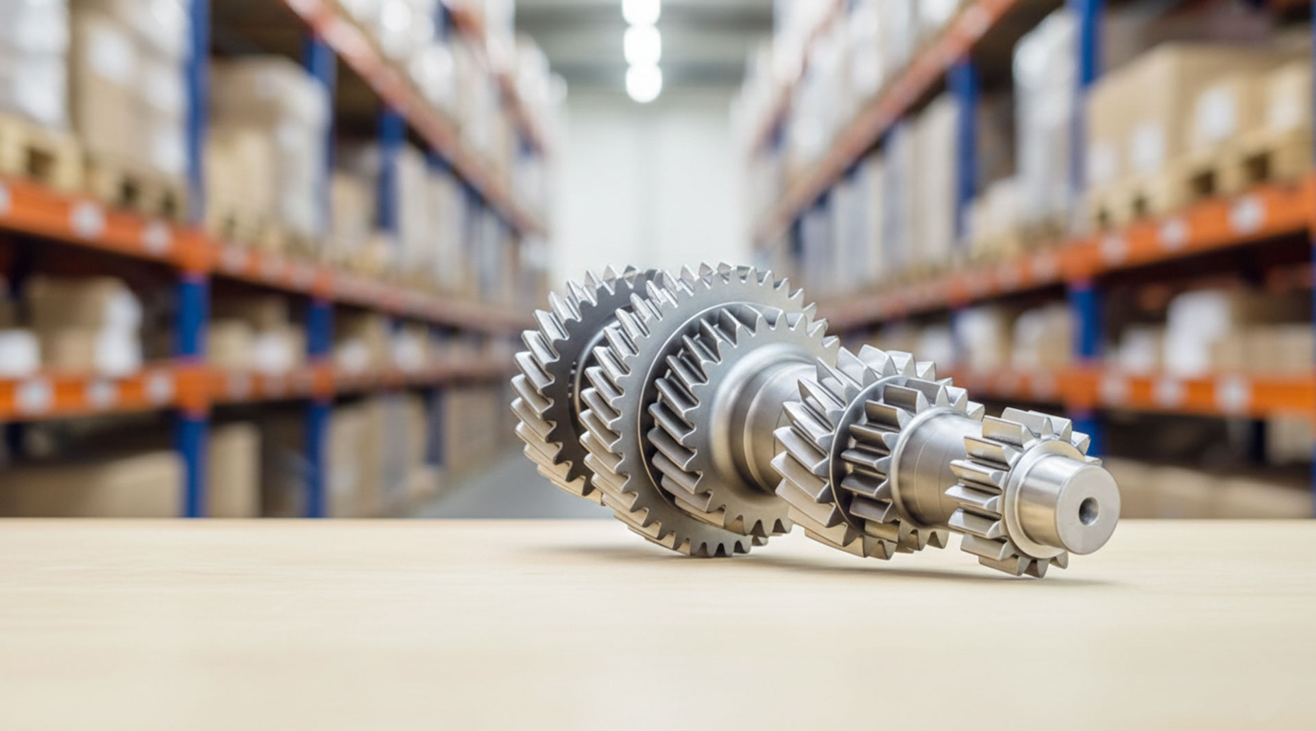 Precision machined gear shaft on a workbench in an industrial spare parts warehouse